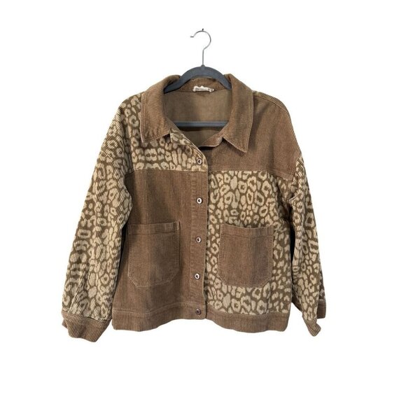 Love Riche Cheetah Corduroy Mixed Media Brown Cotton Linen Jacket Size Large - Picture 1 of 5